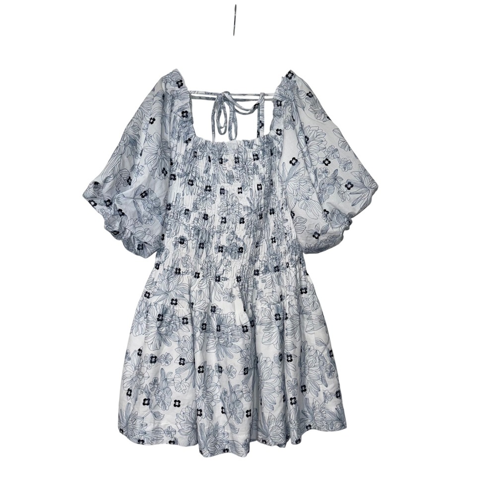Arose Studio Floral Smocked Puff Sleeve Mini Dress Womens XL White Cotton Blend - Picture 3 of 3